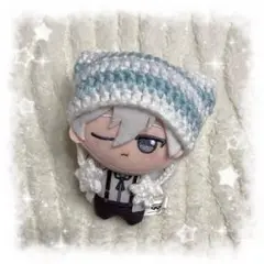 【残1！】編み物 ちびぐるみ ぬい服 猫耳ニット帽 ホワイト×ウォーターブルー
