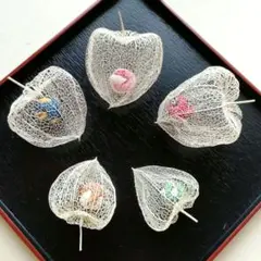 ハンドメイド　縮緬細工　透かし鬼灯　編ほおずき　鬼灯飾り　鬼灯5個セット