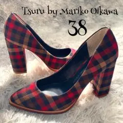 t0091【ツルバイマリコオイカワ】パンプス ヒール チェック 38 24.5