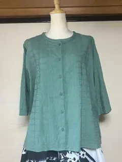 studio clip 極美品綿100%グリーン五分袖 刺繍ありチュニックフリー