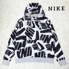 希少 NIKE ナイキ【XL】プルオーバーパーカー 総柄 白黒系 ☆美品☆