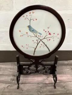 【中国美術工芸品】両面刺繍　鳥　オブジェ　置物
