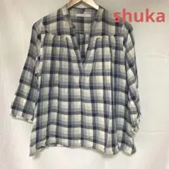 shuca 7分袖 ブルー チェック プルオーバー ブラウス L ナチュラル
