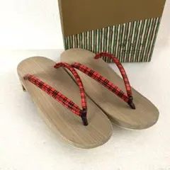 値下げ【新品未使用】京都 丸竹 下駄 赤×黒 チェック23㎝