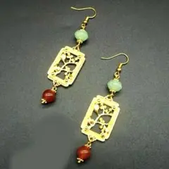 花絲桂花窓瑠璃南瓜紅珠　赤緑金色ピアス　中華風　花見花火　結婚式　着物浴衣漢服