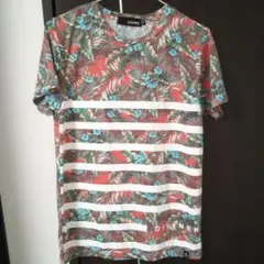 Mサイズ 花柄ボーダープリントTシャツ