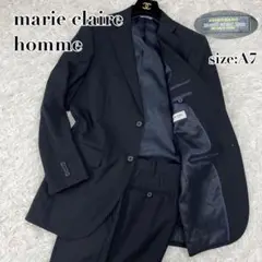 美品 XL【マリ クレール オム】セットアップ スーツ 紺 ストライプ 総裏