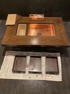 (きょんさん専用)オールド カリモク 関西火鉢 囲炉裏 座卓 中古 美品!! 欅(ケヤキ)材 美しい木目が魅力的な関西火鉢(囲炉裏
