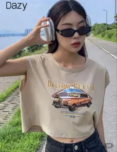 ノースリーブ クロップドTシャツ ベージュ