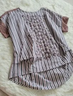 クオリー　セラビ　ストライプ　刺繍&レース袖　チュニック 半袖　ちょい渋め　40