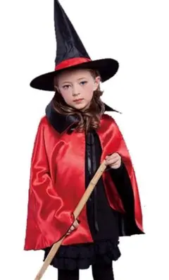ハロウィン コスプレ 子供 魔女 仮装 リバーシブル マント 帽子(黒×赤)