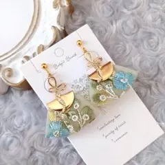 インド刺繍リボン タッセル イヤリング ちょうちょ グリーン 大ぶり 金具変更可