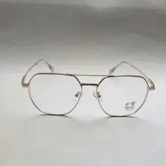 【新品】ツーブリッジ　ダブルブリッジ　多角形メガネ　メタル　ゴールド　度なし