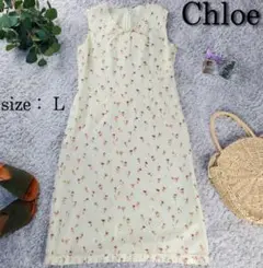 ヴィンテージクロエ✨ CHLOE【L】リネン 花柄 ワンピース ライトベージュ