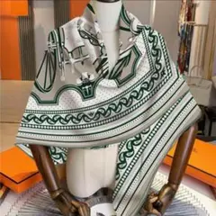 スカーフ　シルクカシミヤ 大判ストールホワイト White Green