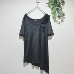 【ジルスチュアート】黒フリル付き五分袖カットソー　ラメ　アシンメトリー　Fサイズ