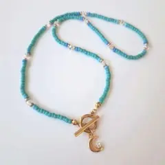 No.172　ビーズネックレス　ハンドメイド　ターコイズブルー　マンテル月ムーン