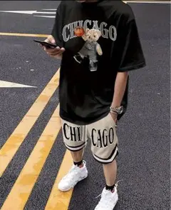 ベージュセットアップ ストリート系 アメカジ ハーフパンツ メンズ半袖Tシャツ