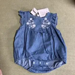 タグ付きデニム刺繍ロンパース 70