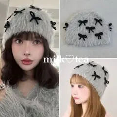 新品未開封 ダーリッチ リボンニットビーニー グレー ブラックリボン