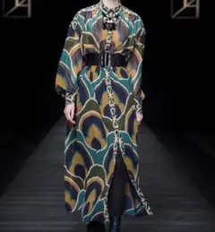 【美品】タエアシダ　ロングワンピース　シルク100%　シースルー　総柄　９