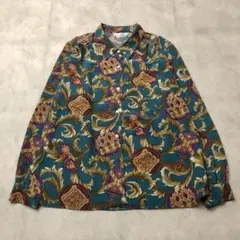 昭和レトロスカーフ柄長袖シャツブラウスゆったりやや光沢素材ブルー古着