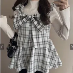 GRL チェック柄ビッグリボンペプラムトップス