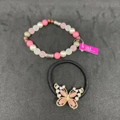 ビーズブレスレットと蝶のヘアゴムセット