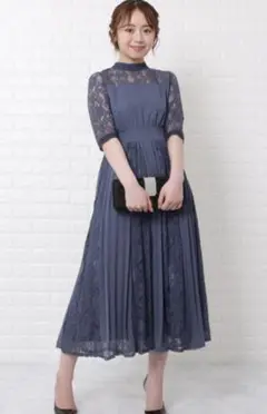 Lace Ladies レース切替プリーツワンピース ブルーグレー M
