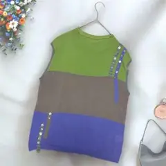 《あむう》 ノースリーブカラーブロックサマーニット パターン切替 カラフルボタン