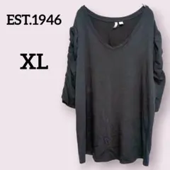 EST.1946【XL】Vネック チュニック Tシャツ 5分袖 黒/ブラック