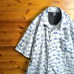 柄シャツ　半袖シャツ　動物　アニマル　グレー　青　3L　2XL　カジュアル　総柄