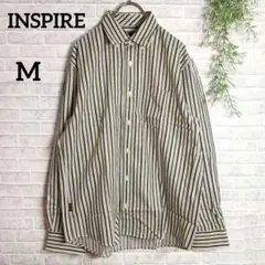 美品❇【インスパイア】ストライプ長袖シャツ　グリーン　Mサイズ