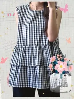 チュニック ノースリーブ ブラウス チェック柄 ティアード お洒落 可愛い