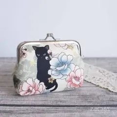 角型がま口ポーチ*黒猫と牡丹A