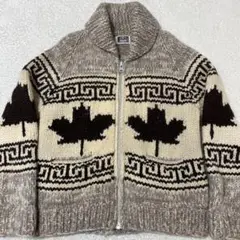 カナダ製ロングハウスカウチンセーターカーディガン総柄ニット古着40白ホワイト ART VINTAGE - カナダ製ロングハウスカウチンセーター