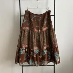 DESXISIO ギャザーボタニカル柄スカート 42 ブラウン