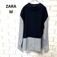 ZARA 長袖　カットソー　ドッキングシャツ　ストライプ　コットン　M