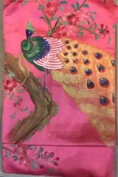 孔雀 アンティーク 名古屋帯 手描き 孔雀×ピンク
