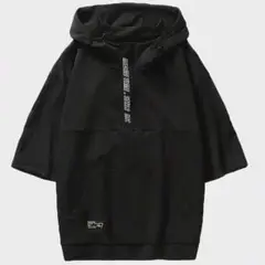 Shule Shuiカジュアルフード付きハーフジップTシャツユニセックス黒