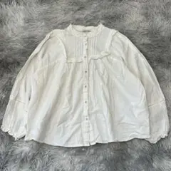美品✨【サマンサモスモス】ホワイトフリルラウンドネックシャツ リネン混