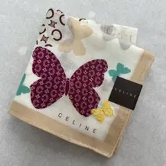 《新品》CELINE セリーヌ　大判ハンカチ　マカダム柄　蝶々刺繍