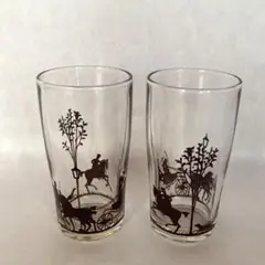 美品　昭和レトロ　プリントグラス　馬車と馬　2点セット