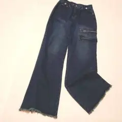 レディースデニム ジーンズ フレア ダークブルー カットオフ Mサイズ