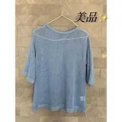 美品✨️透かしメッシュ編みトップス 半袖 ブルー 青