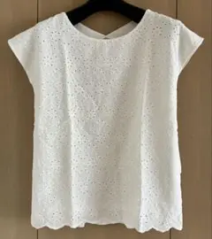 ホワイト刺繍ノースリーブシャツ S スカラップ裾 花柄刺繍 レース