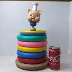 【 当時物 】ブタのコックさん/輪投げ/ソフビ/木製台座/オブジェ/高さ40cm