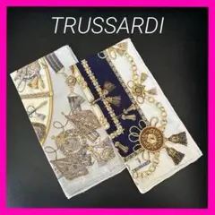 TRUSSARDIエレガントなネイビーブルースカーフ大判ハンカチ膝掛け