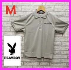 プレイボーイ ポロシャツ 半袖 メンズ Mサイズ 胸ロゴ文字 グレー