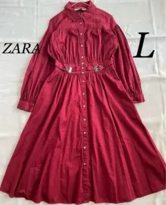【ZARA】ザラ　ワインレッド　コットン　ギャザー　長袖　ワンピース　849